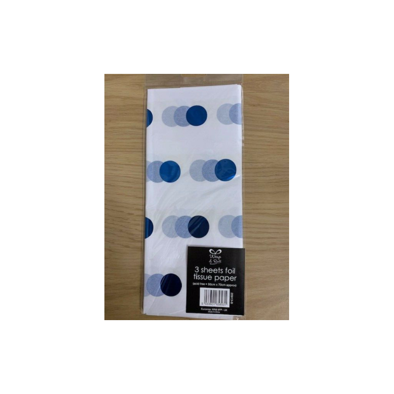 Large Blue Dots 3 Sheets Foil Tissue Paper