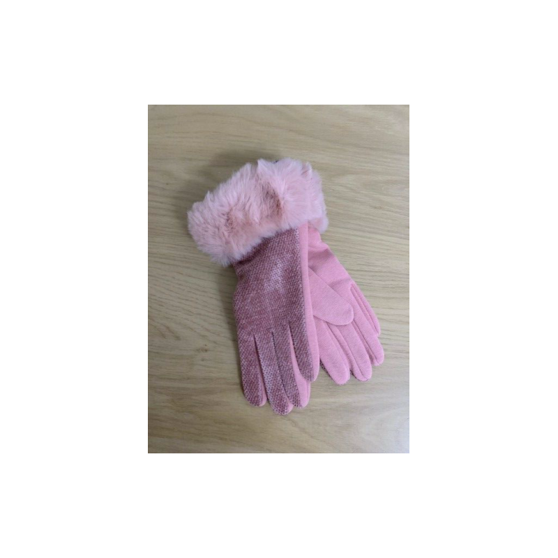 Pink Chenille Fur Trim Gloves