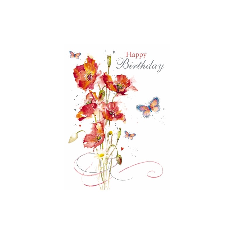 Red Poppy Flower and Butterfly Birthday Greeting Card