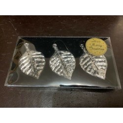 Distressed Silver Glass Leaf Christmas Decoration set of 3