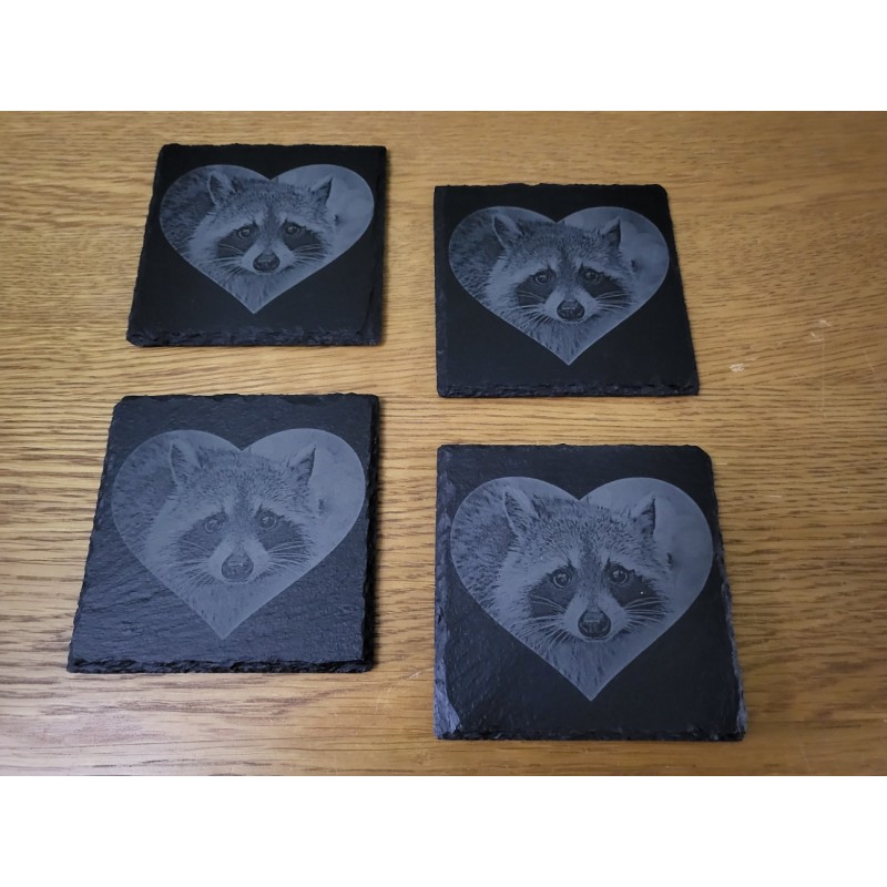 Set of 4 Engraved Slate Coasters. Racoon.