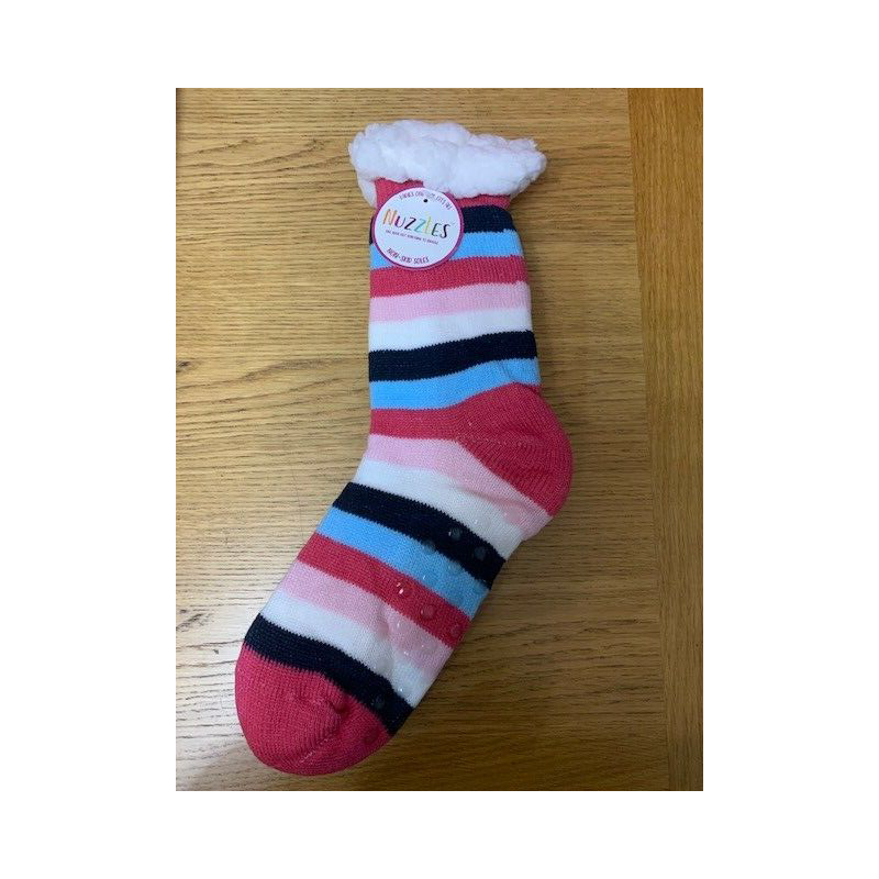 Navy and Pink Striped Nuzzles  Non -Skid Slipper Socks Ladies