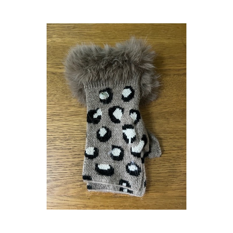 Equilibrium Gloves-Leopard Print fingerless Fur Cuff Taupe