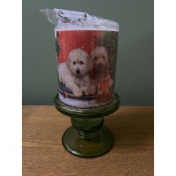 Green Glass Candle Holder and Small Dogs Pillar Candle
