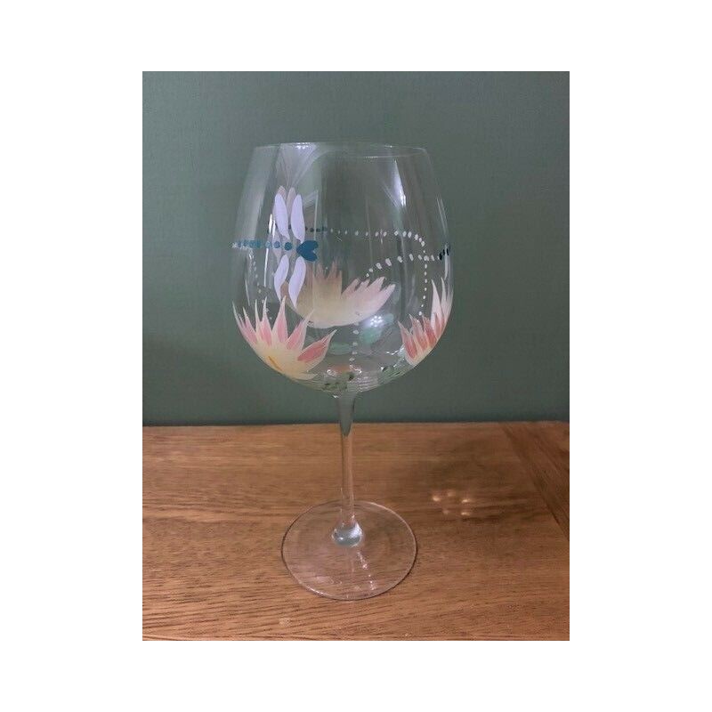 Arty Balloon Gin Glass Hand Painted Lotus and Dragonfly