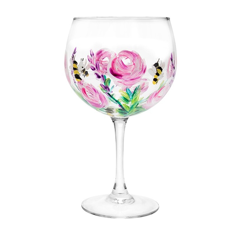 Balloon Gin Glass Hand Painted Flowers and Bee