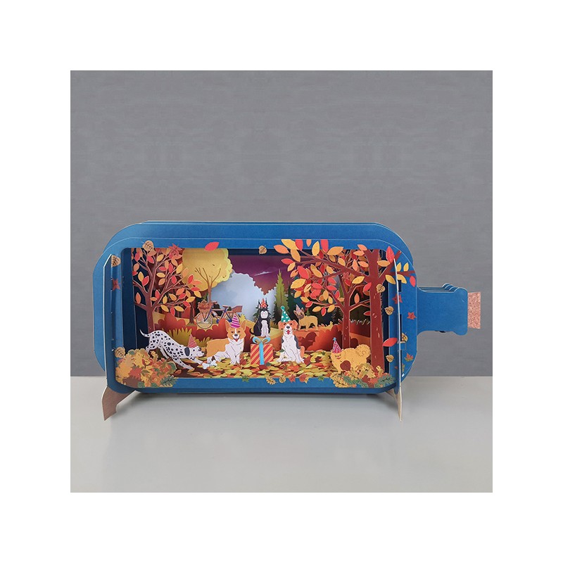 Message in a Bottle 3D Greeting Card - Dogs Party in Autumn