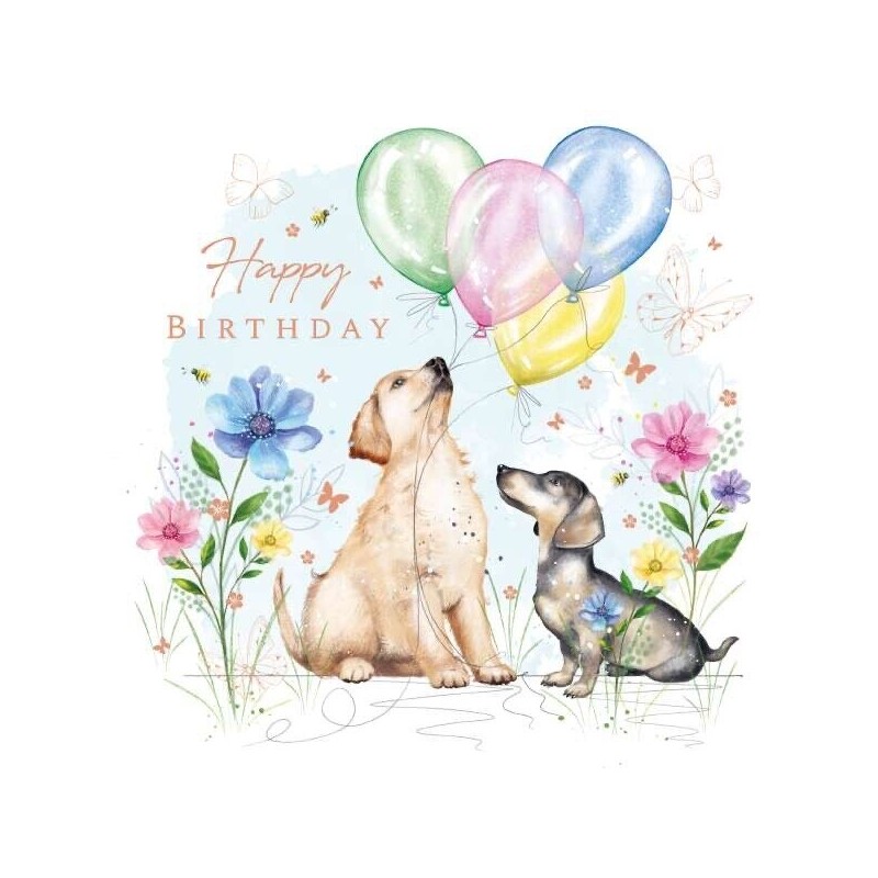 Blush Dog and Balloons Birthday Greeting Card