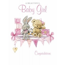 Baby Girl Rabbit and Bear Card