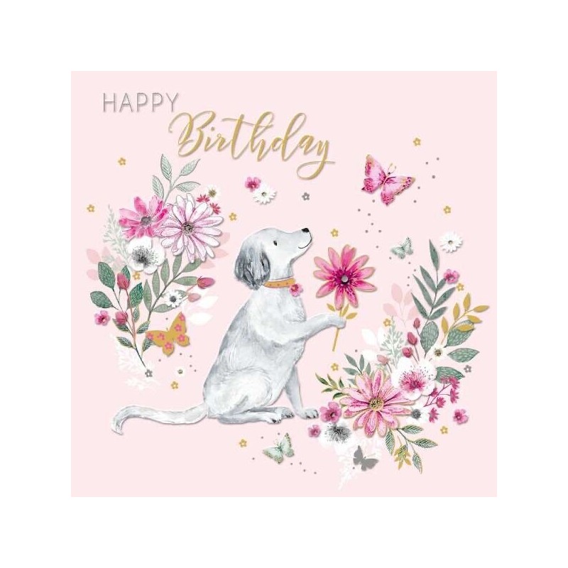 Dog and Flowers Birthday Greeting Card