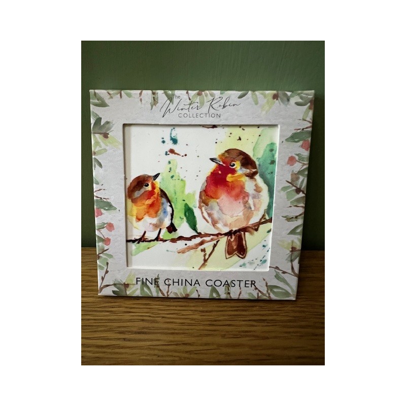 Winter Robin sitting Ceramic Coaster