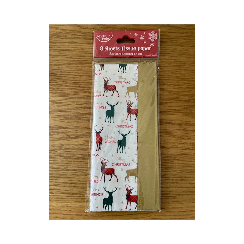 Text, Stag and Gold Christmas 8 Sheets Tissue Paper