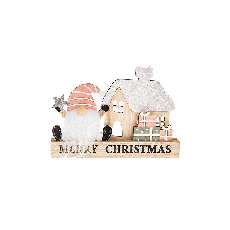 Gonk Merry Christmas Wooden Decoration with Pink Hat