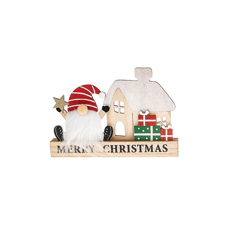 Gonk Merry Christmas Wooden Decoration with Red Hat