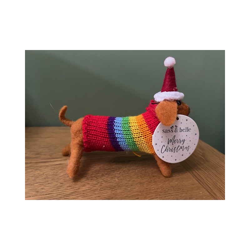 Sass & Belle Christmas Rainbow Dachshund Hanging Decoration
