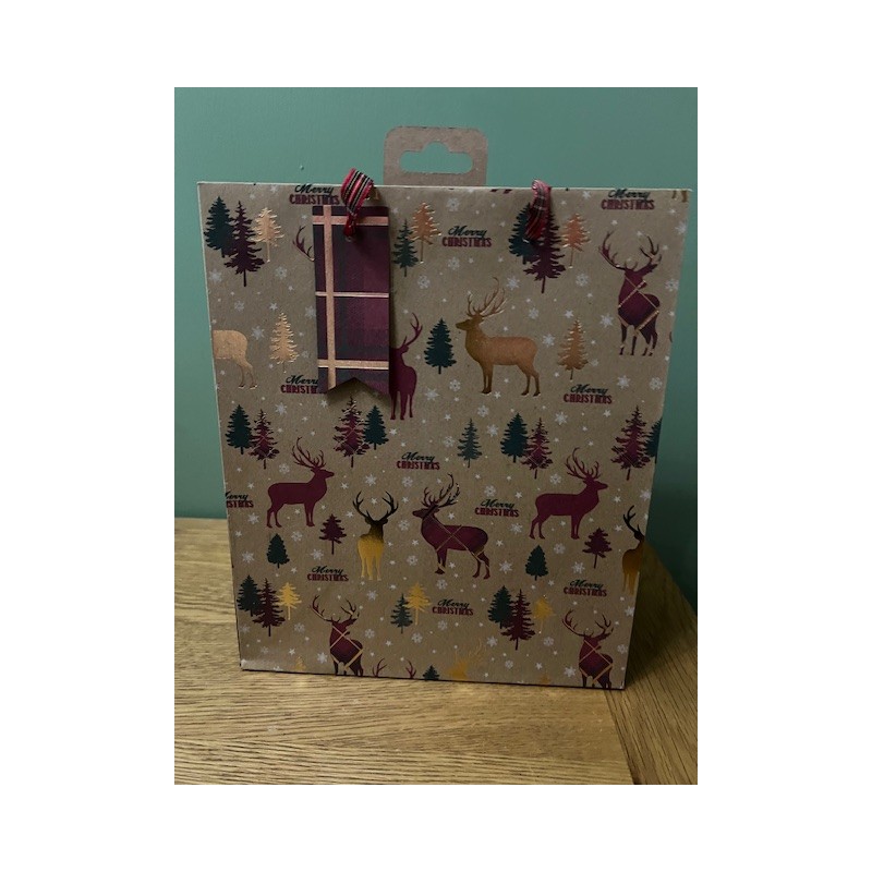 Kraft Stag and Tartan Ribbon Christmas Medium Gift Bag