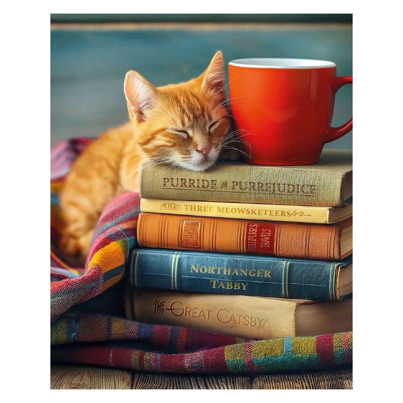 Pack of 4 Small Blank Cards- Cat and Pile of Books