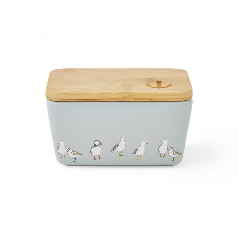 Coastal Birds Stoneware Butter Dish with Bamboo Lid